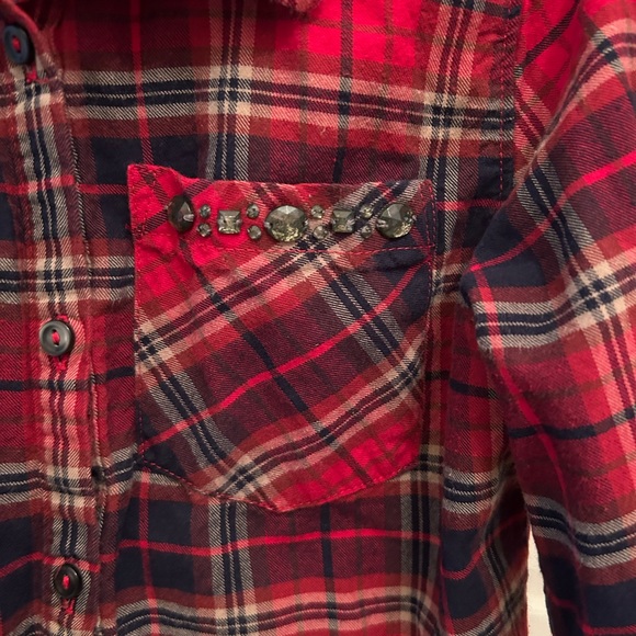 Red plaid shirt with jewels on front pocket. - Picture 2 of 4